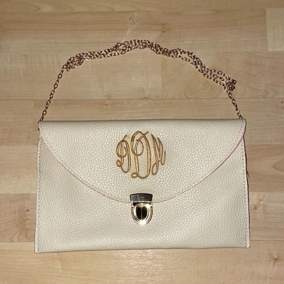 NWOT clutch crossbody bag purse chain strap monogrammed DDM embroidery in cream - Picture 2 of 10